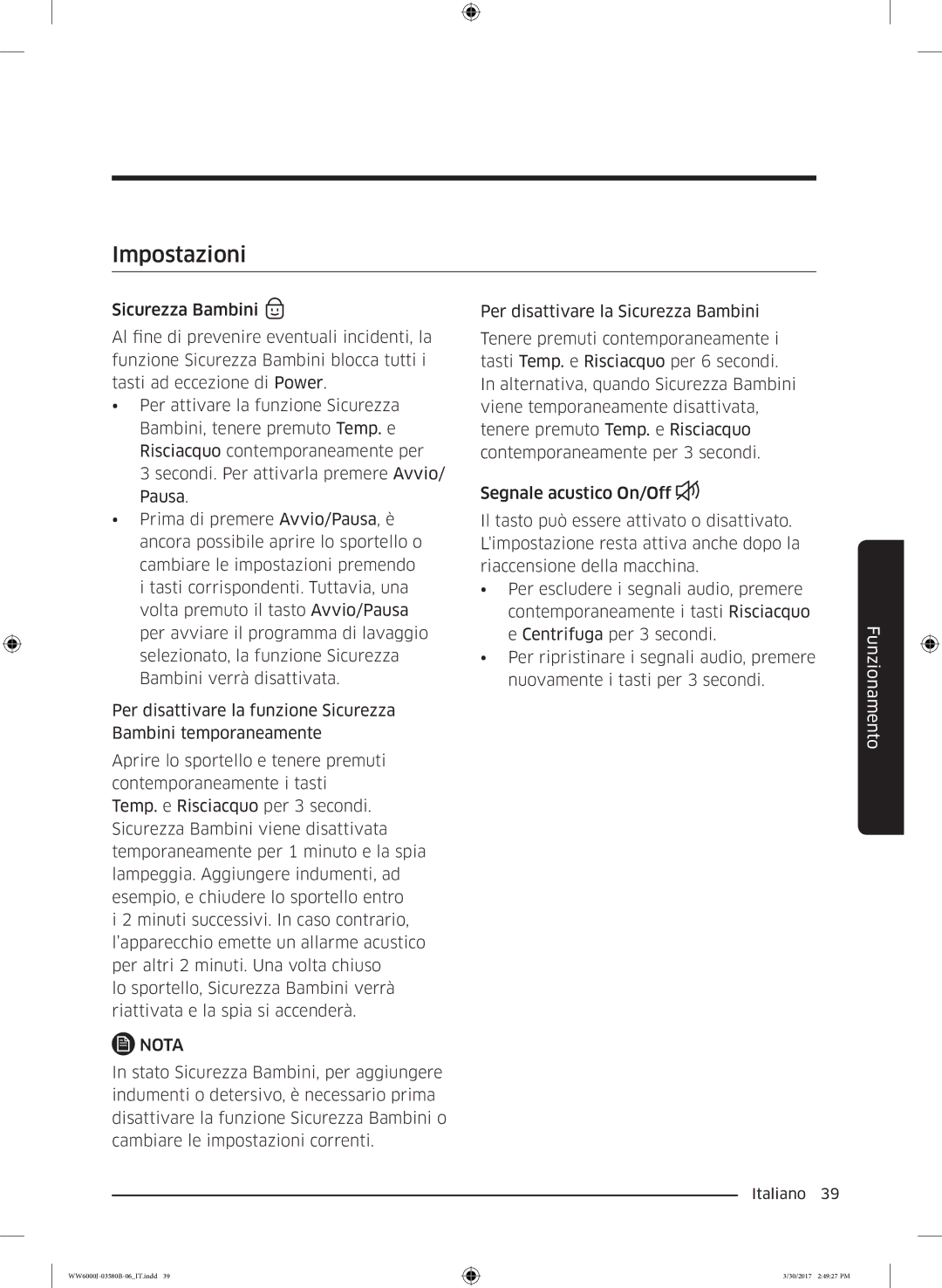 Samsung WW80J6400CW/ET, WW80J6413EW/ET, WW90J6413EW/ET, WW90J6410CW/ET, WW90J6400CW/ET manual Impostazioni 