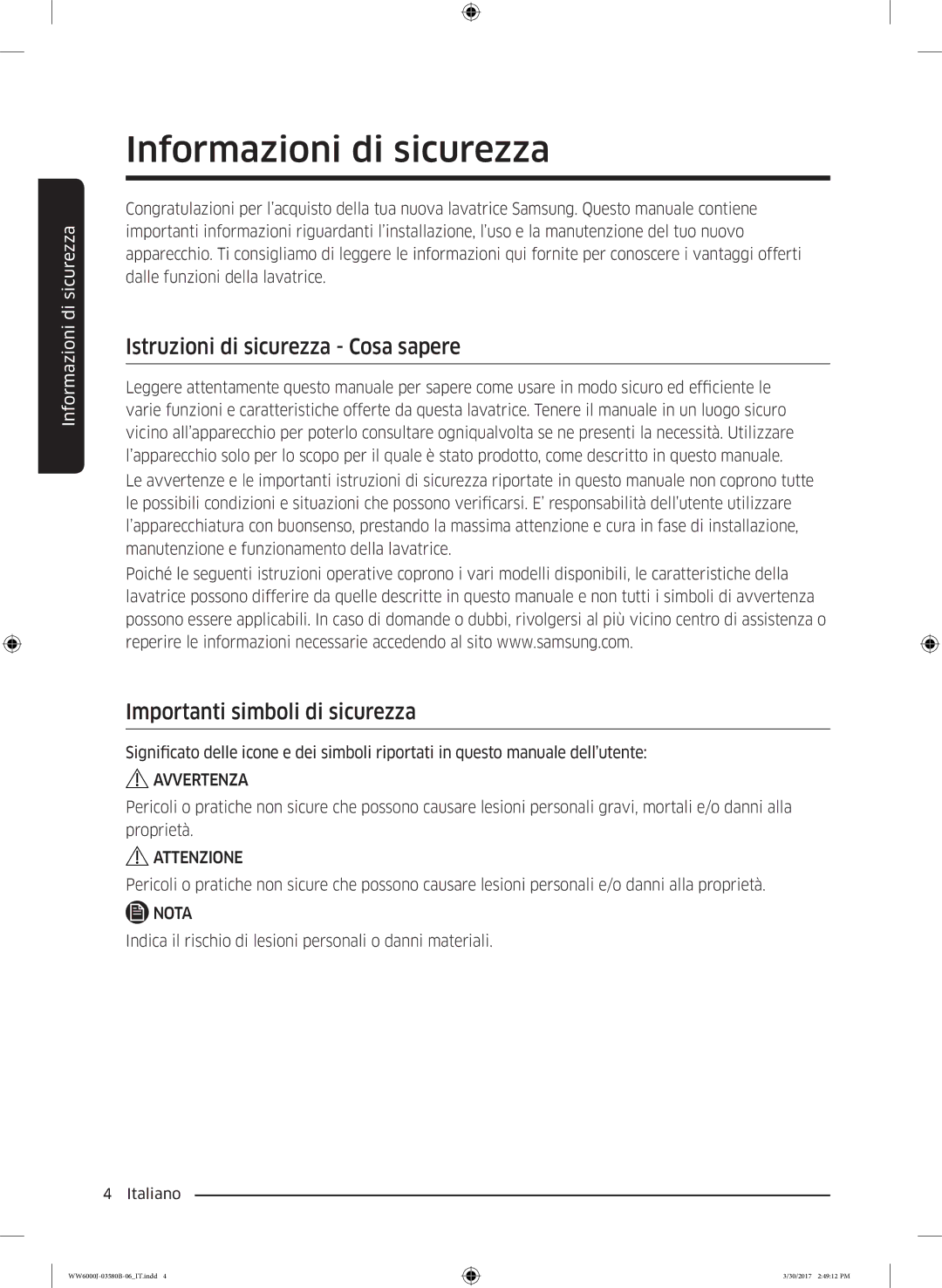 Samsung WW80J6400CW/ET Informazioni di sicurezza, Istruzioni di sicurezza Cosa sapere, Importanti simboli di sicurezza 