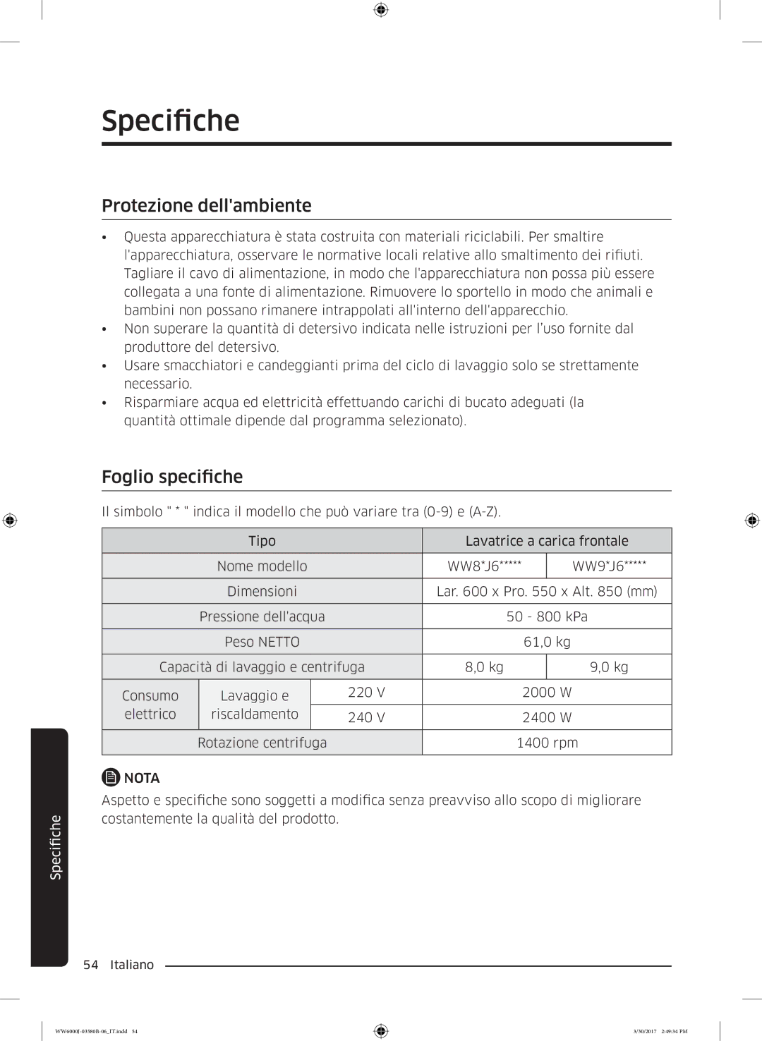 Samsung WW80J6400CW/ET, WW80J6413EW/ET, WW90J6413EW/ET, WW90J6410CW/ET manual Protezione dellambiente, Foglio specifiche 