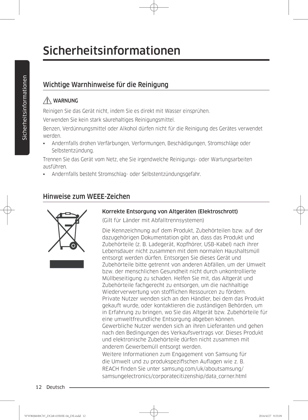 Samsung WW80J6600CW/EG manual Wichtige Warnhinweise für die Reinigung, Hinweise zum WEEE-Zeichen 