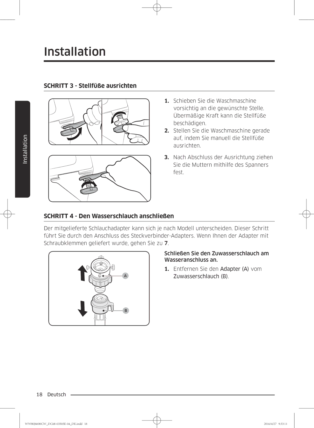 Samsung WW80J6600CW/EG manual Schritt 3 Stellfüße ausrichten 