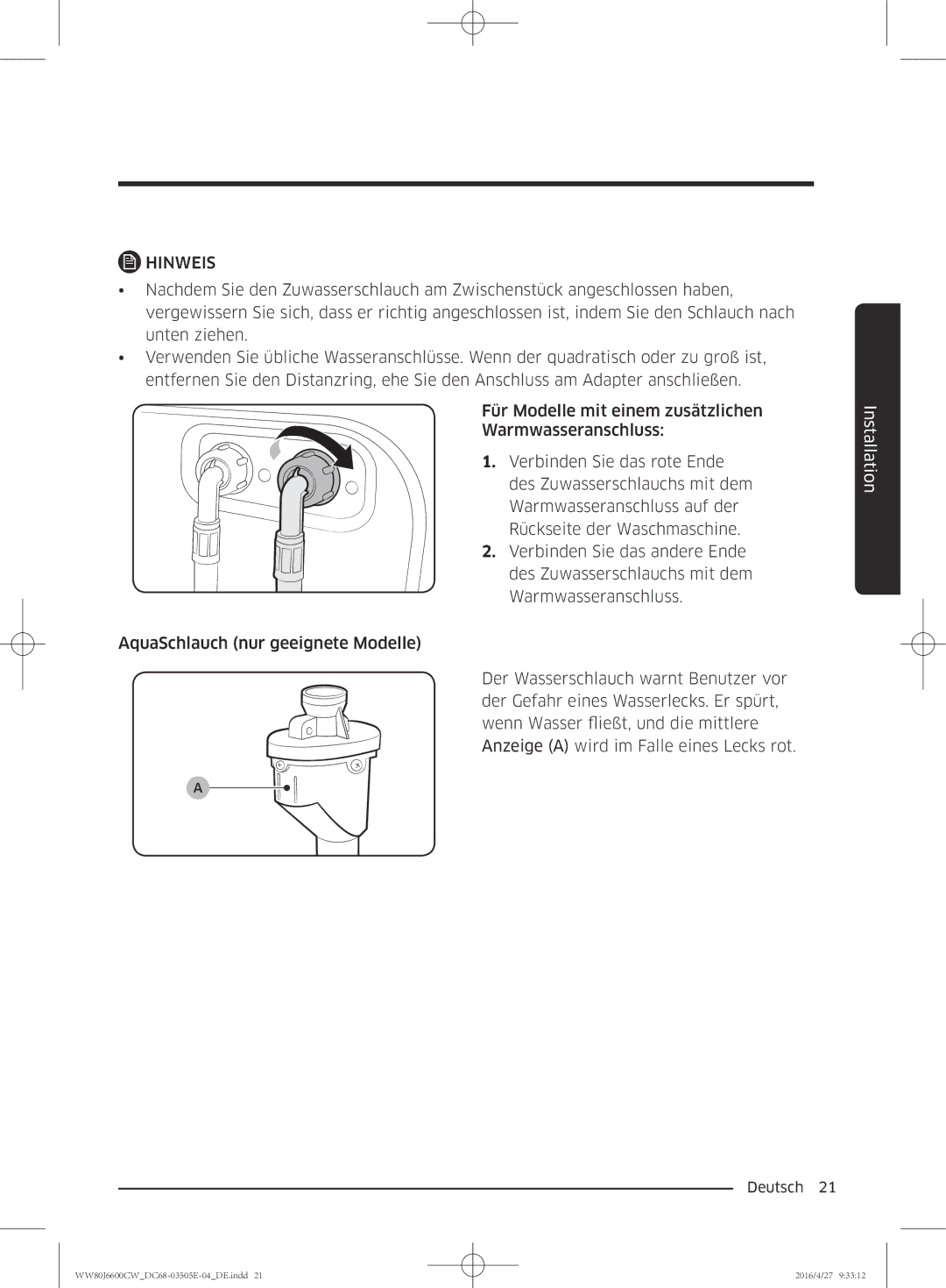 Samsung WW80J6600CW/EG manual Hinweis 