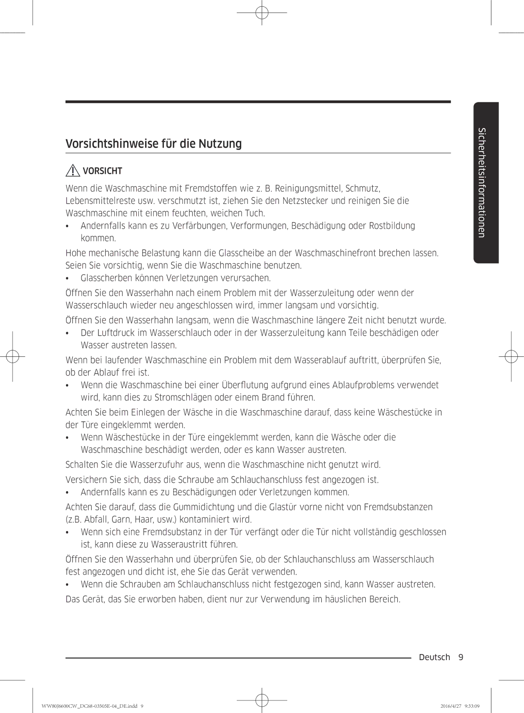 Samsung WW80J6600CW/EG manual Vorsichtshinweise für die Nutzung 