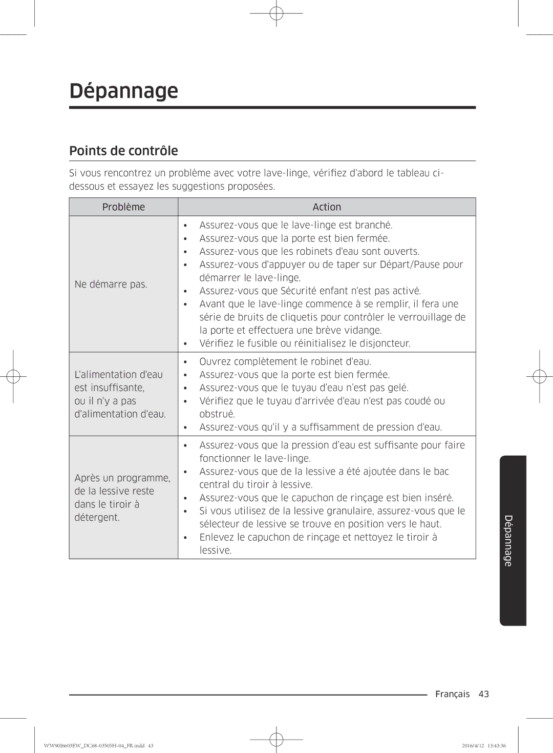 Samsung WW80J6603AW/WS manual Dépannage, Points de contrôle 