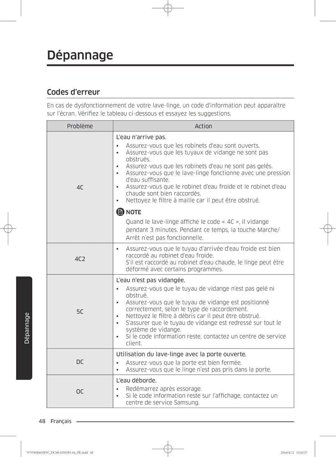 Samsung WW80J6603AW/WS manual Codes d’erreur 