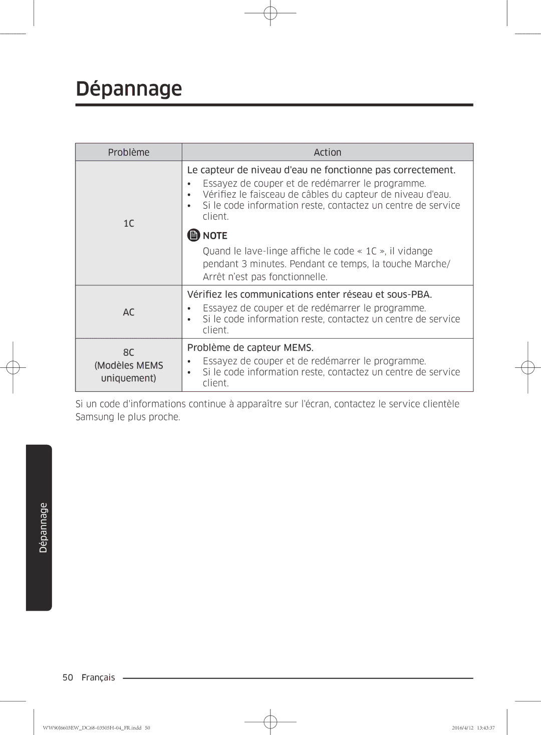 Samsung WW80J6603AW/WS manual Dépannage 