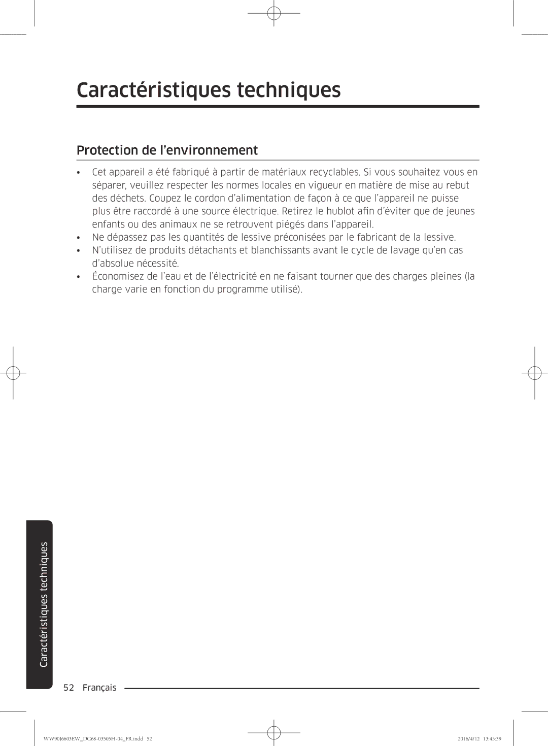 Samsung WW80J6603AW/WS manual Protection de l’environnement 