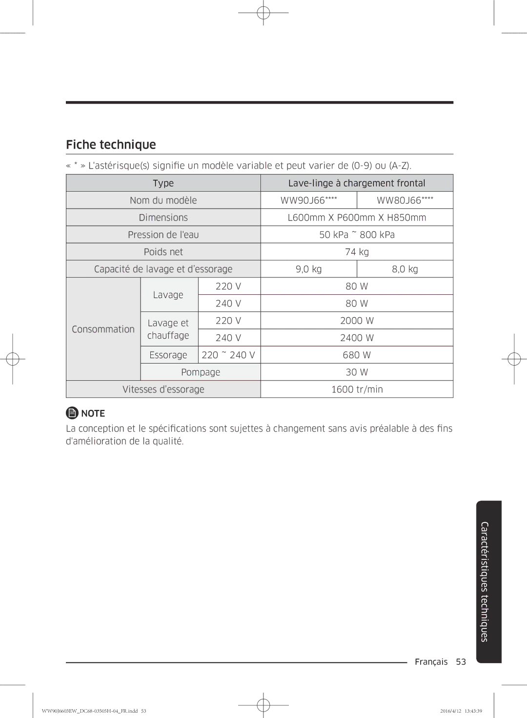 Samsung WW80J6603AW/WS manual Fiche technique 