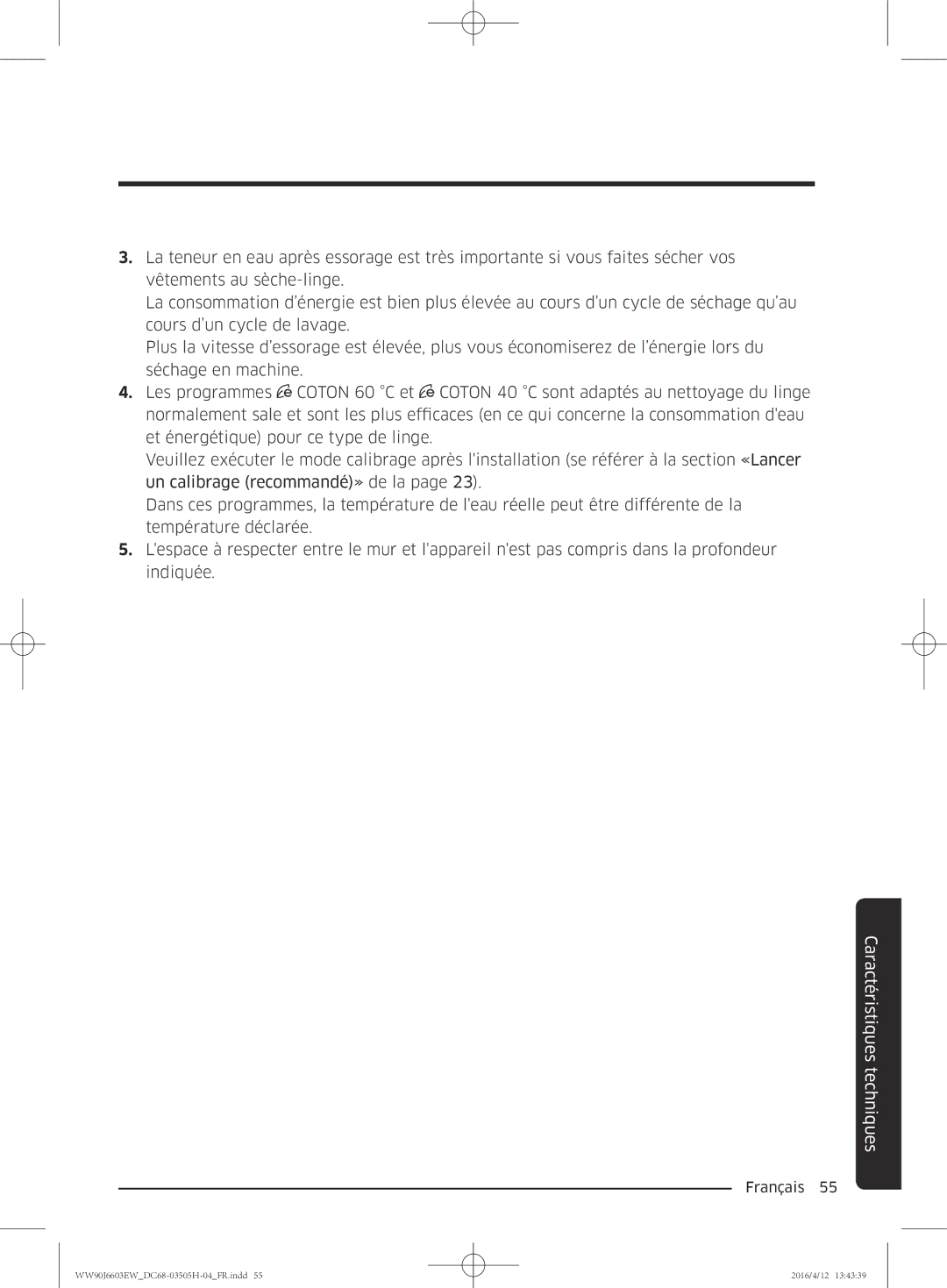 Samsung WW80J6603AW/WS manual Caractéristiques techniques 