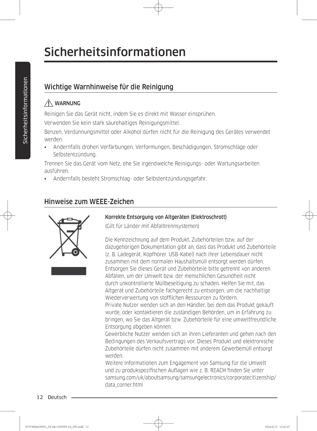 Samsung WW80J6603AW/WS manual Wichtige Warnhinweise für die Reinigung, Hinweise zum WEEE-Zeichen 