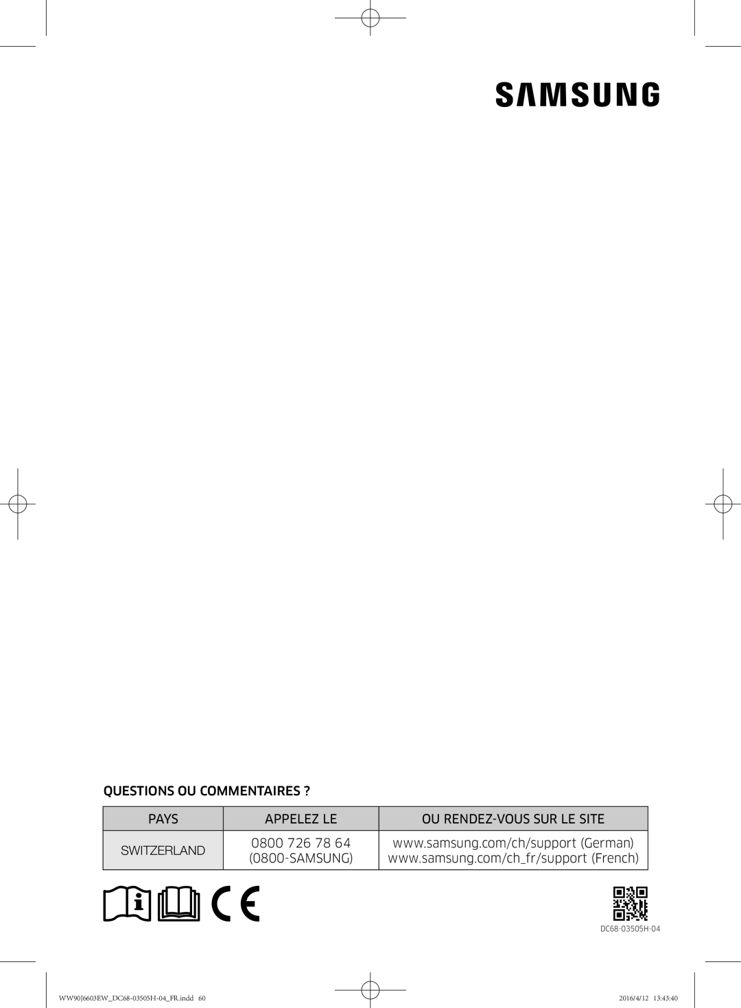 Samsung WW80J6603AW/WS manual DC68-03505H-04 WW90J6603EWDC68-03505H-04FR.indd 2016/4/12 