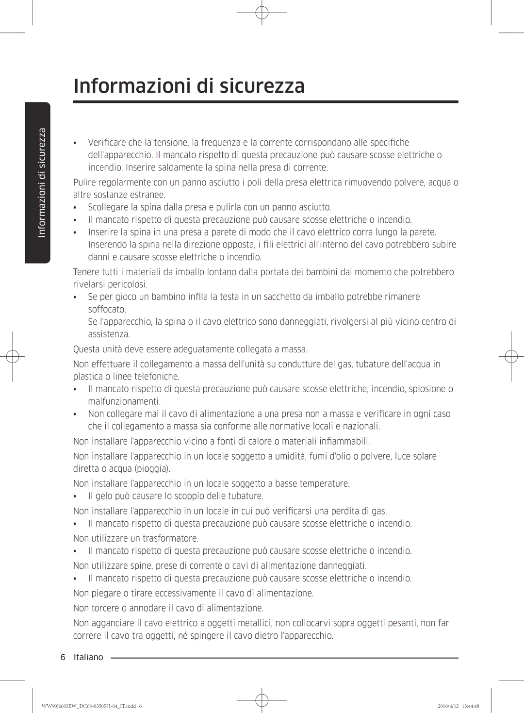 Samsung WW80J6603AW/WS manual Informazioni di sicurezza 