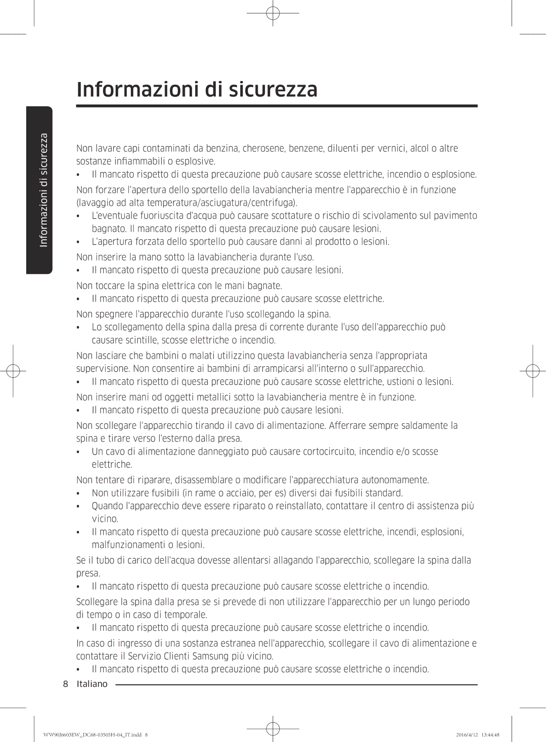 Samsung WW80J6603AW/WS manual Informazioni di sicurezza 