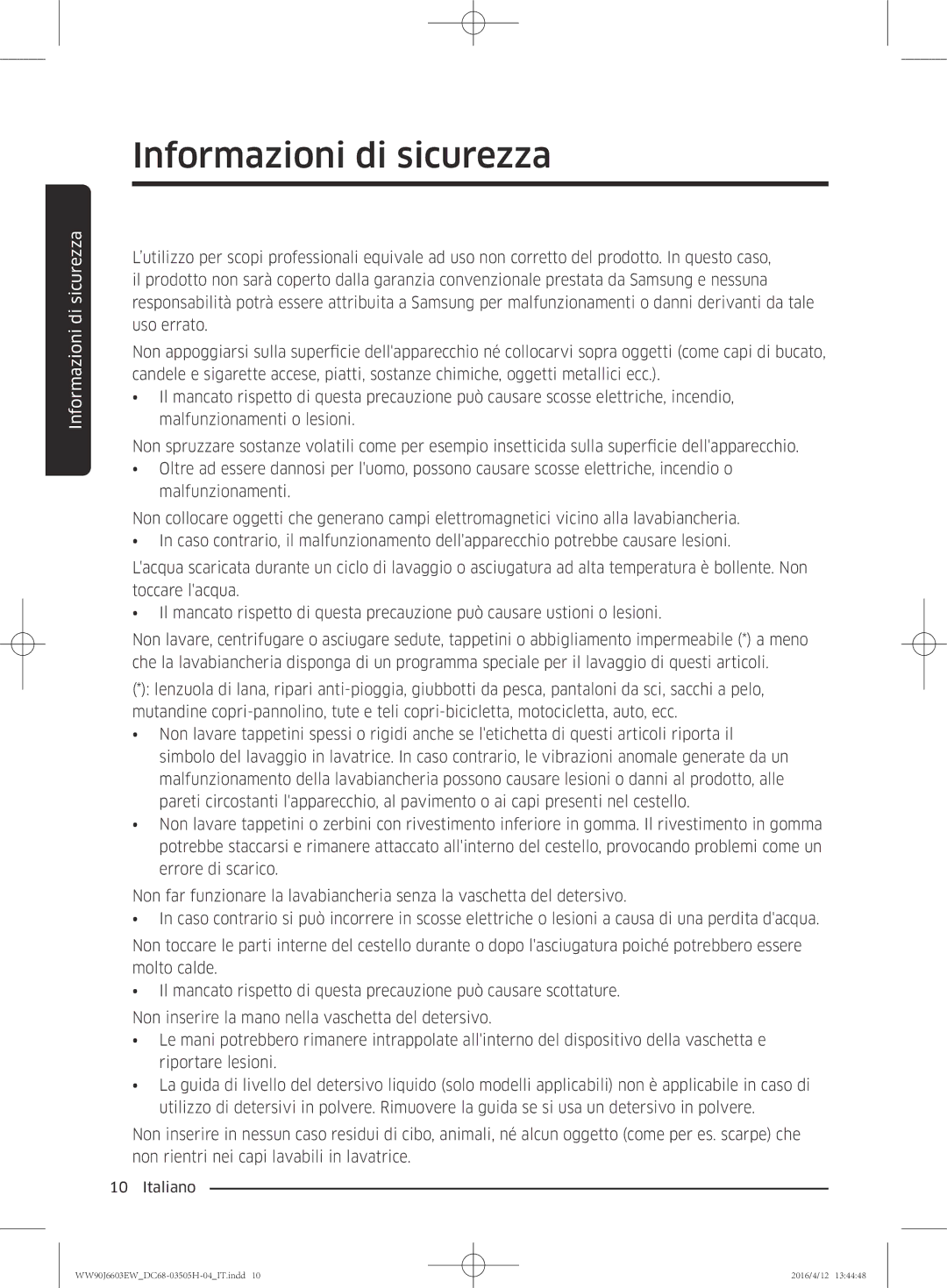 Samsung WW80J6603AW/WS manual Informazioni di sicurezza 