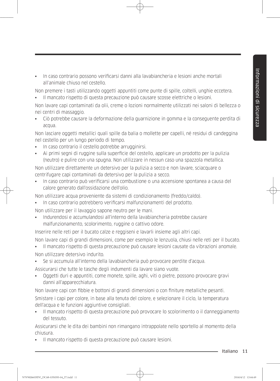 Samsung WW80J6603AW/WS manual Informazioni di sicurezza 