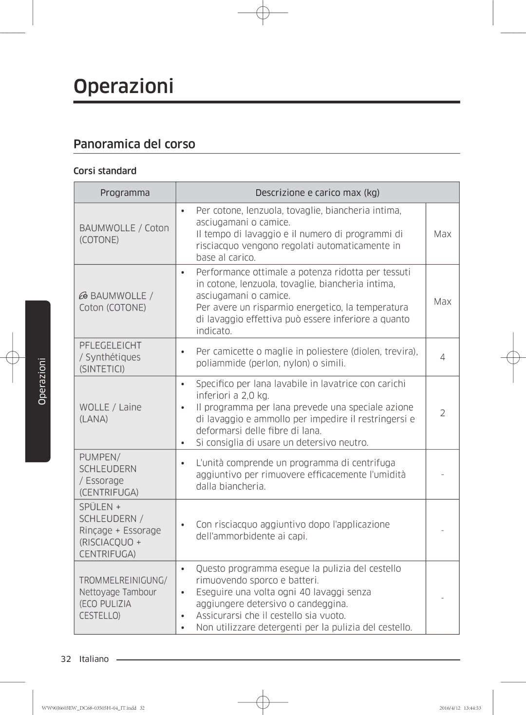 Samsung WW80J6603AW/WS manual Panoramica del corso, Cotone 