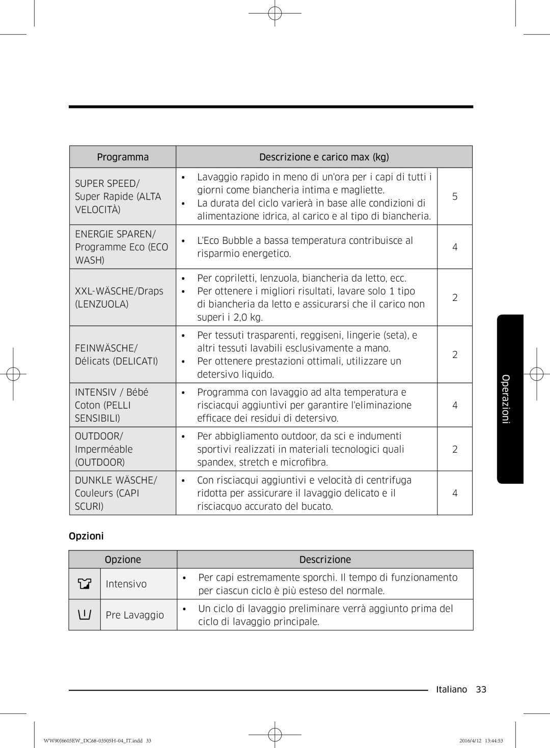 Samsung WW80J6603AW/WS manual Velocità 