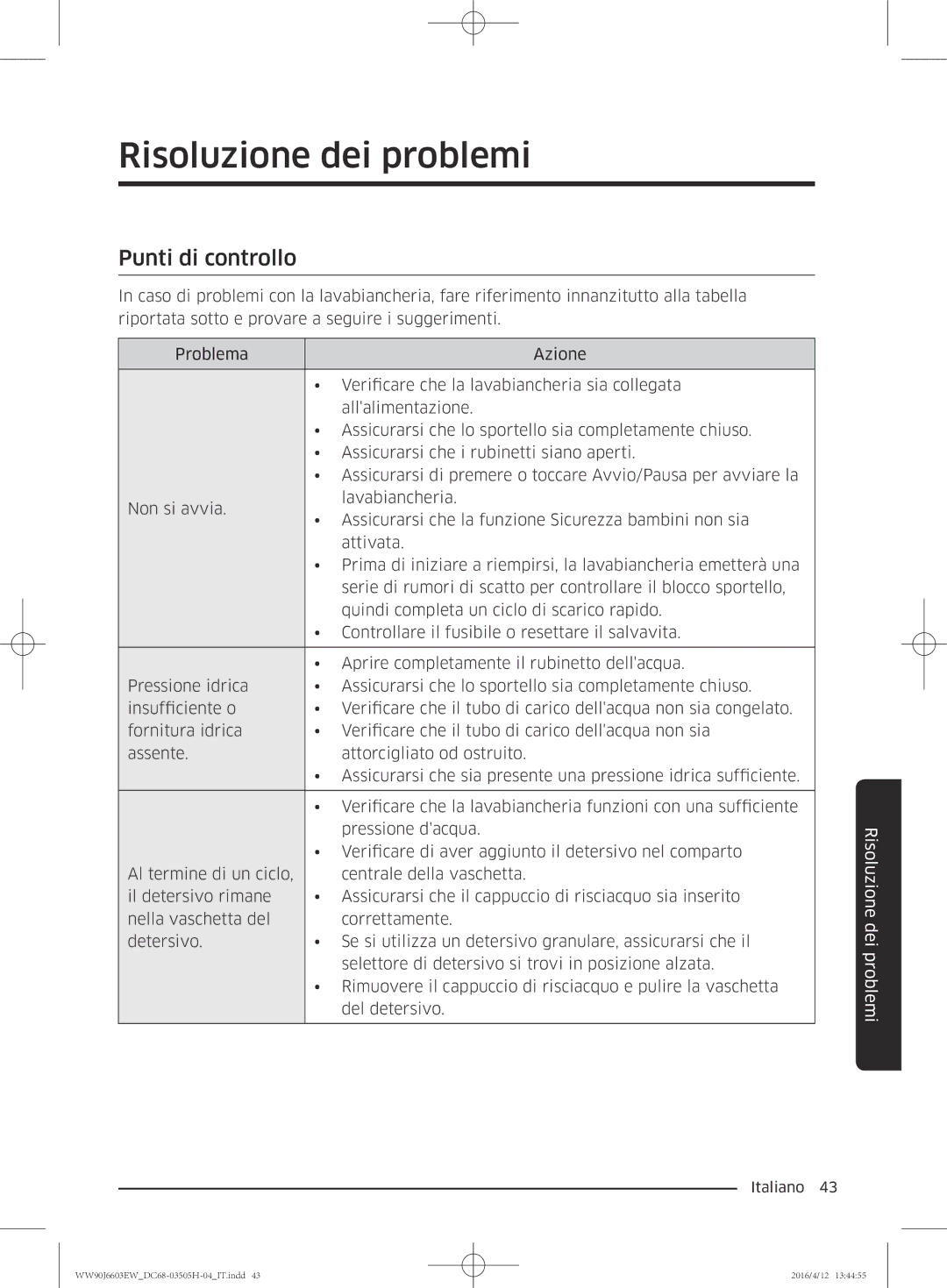 Samsung WW80J6603AW/WS manual Risoluzione dei problemi, Punti di controllo 