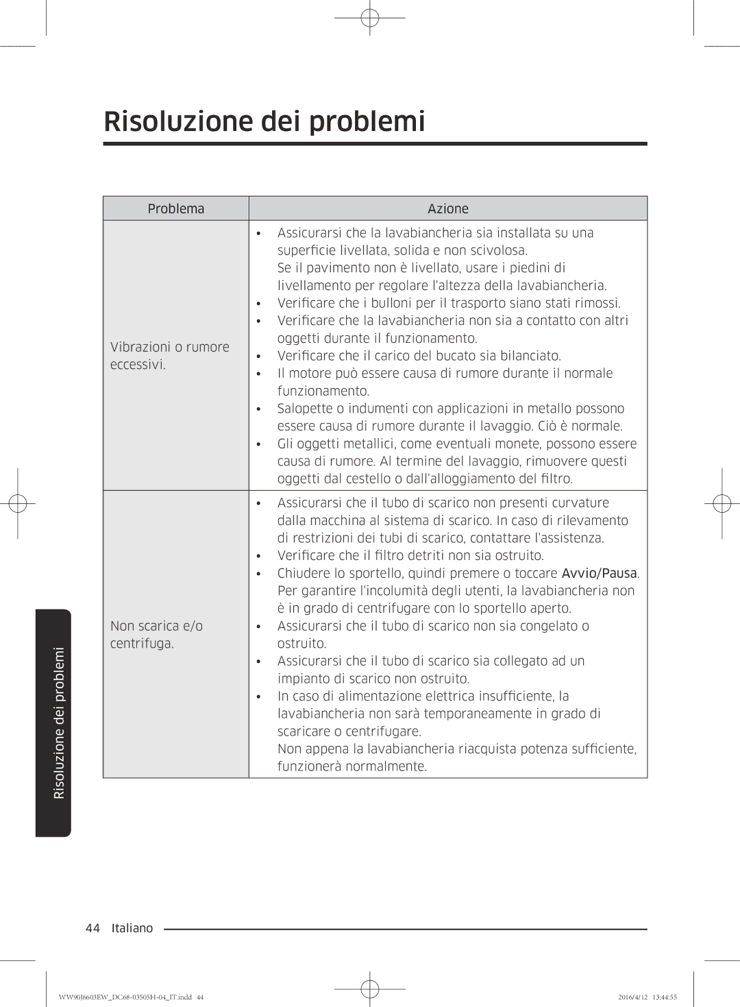 Samsung WW80J6603AW/WS manual Risoluzione dei problemi 