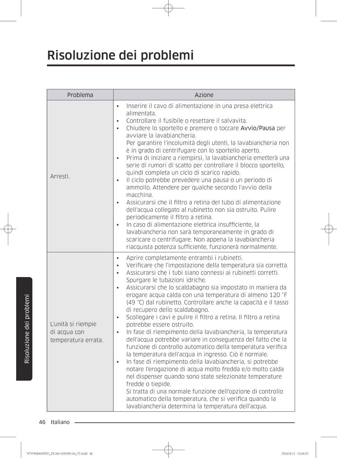 Samsung WW80J6603AW/WS manual Risoluzione dei problemi 