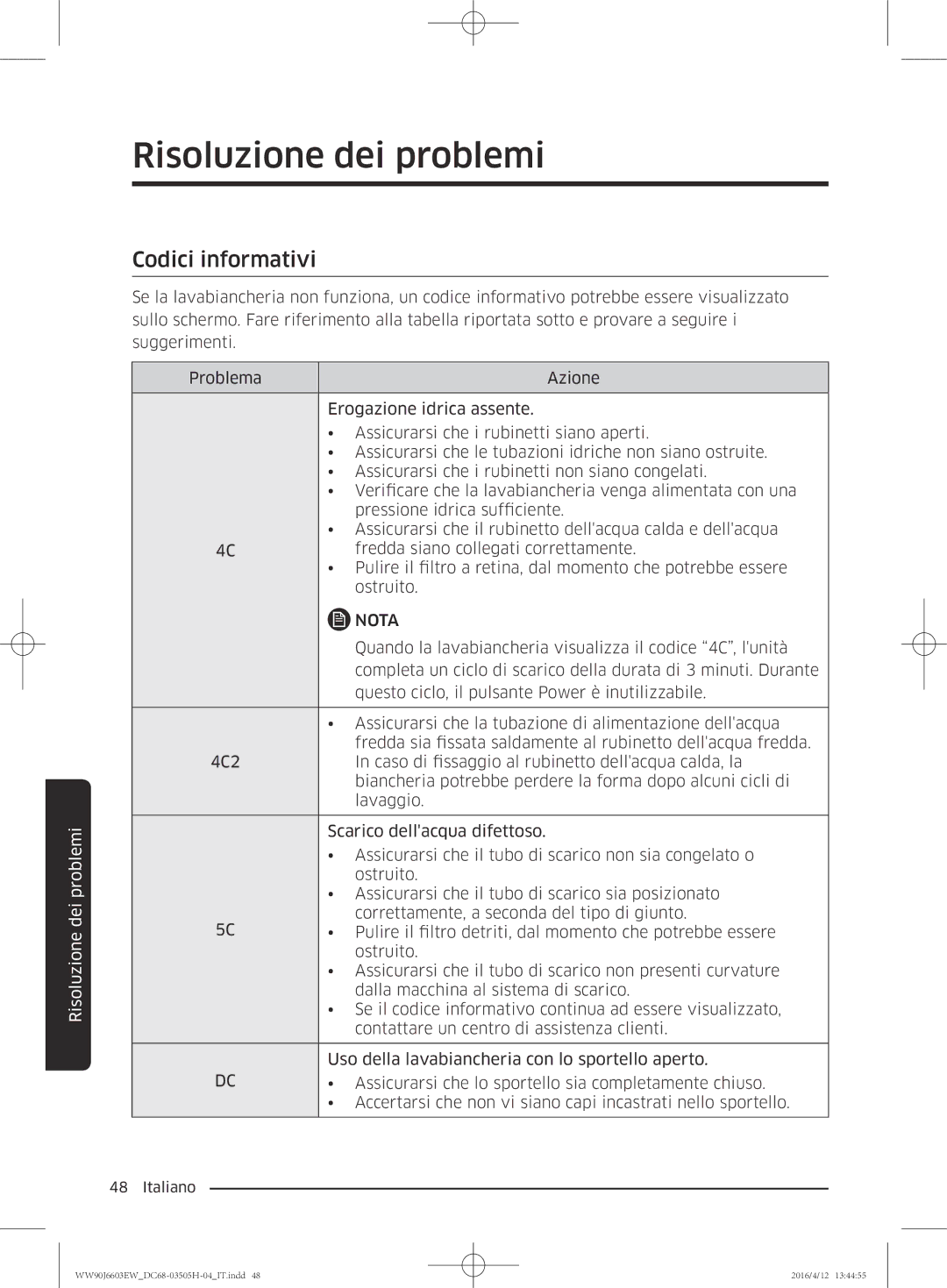 Samsung WW80J6603AW/WS manual Codici informativi 