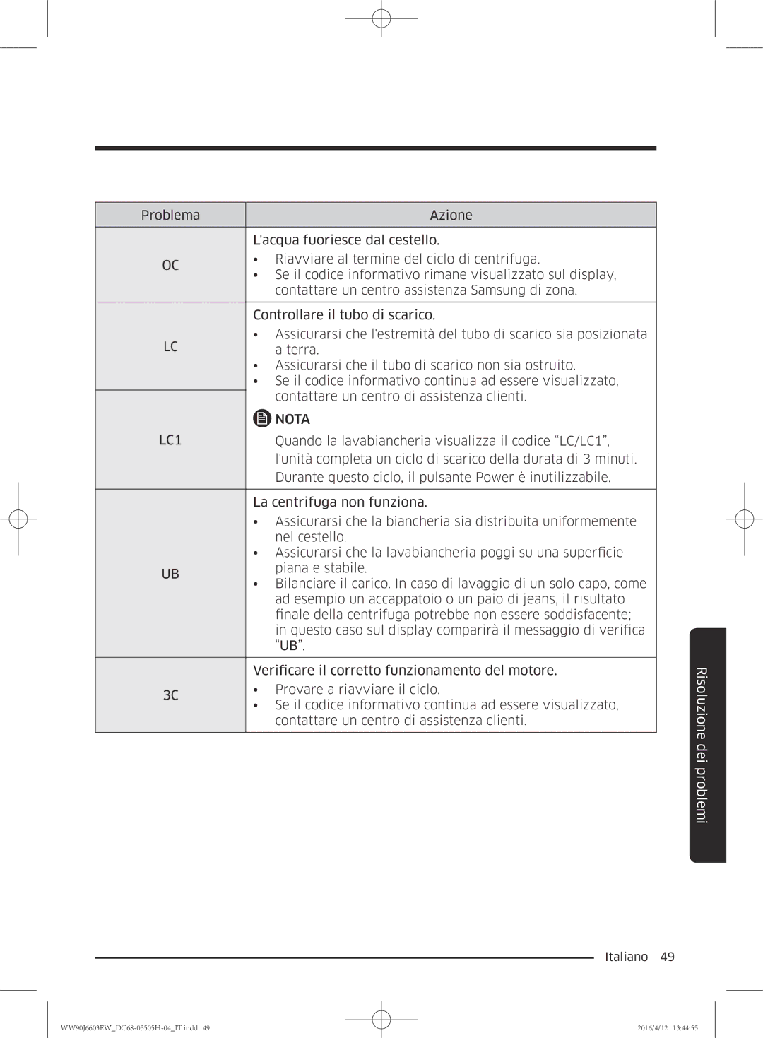 Samsung WW80J6603AW/WS manual Quando la lavabiancheria visualizza il codice LC/LC1 