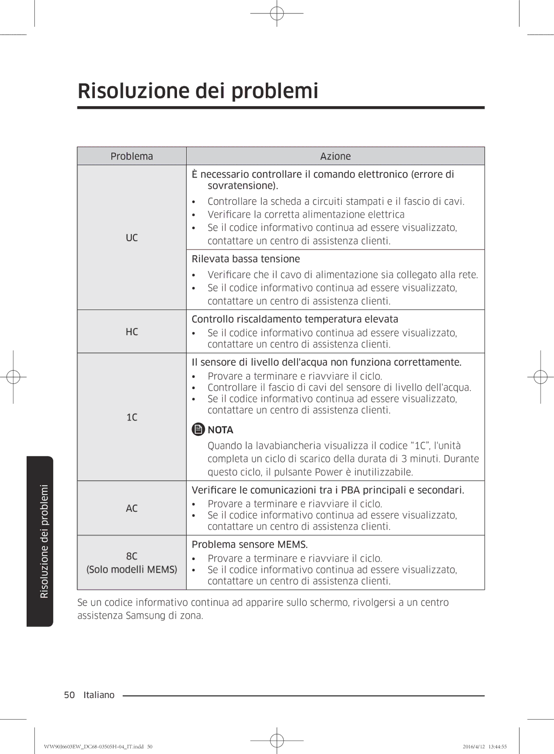 Samsung WW80J6603AW/WS manual Quando la lavabiancheria visualizza il codice 1C, lunità 