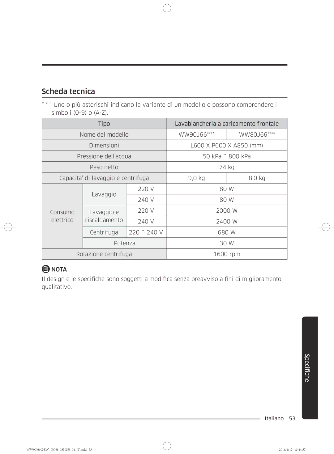 Samsung WW80J6603AW/WS manual Scheda tecnica 