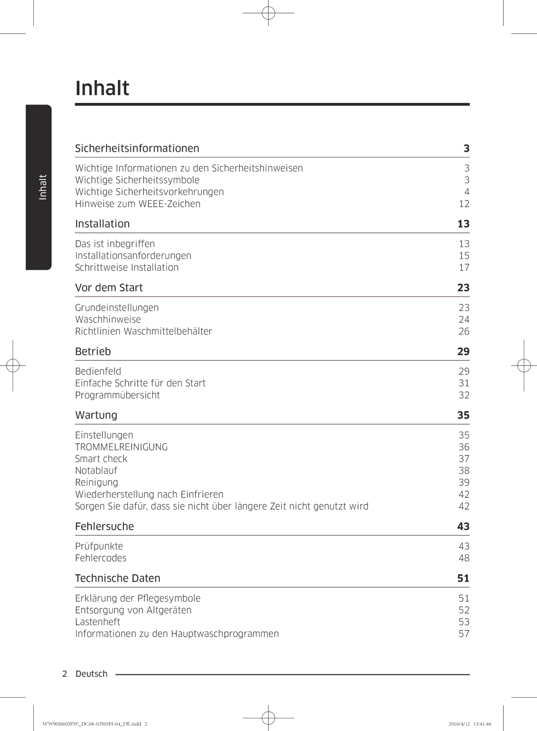 Samsung WW80J6603AW/WS manual Inhalt, Sicherheitsinformationen 