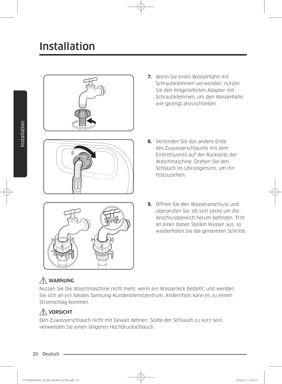 Samsung WW80J6603AW/WS manual Warnung 