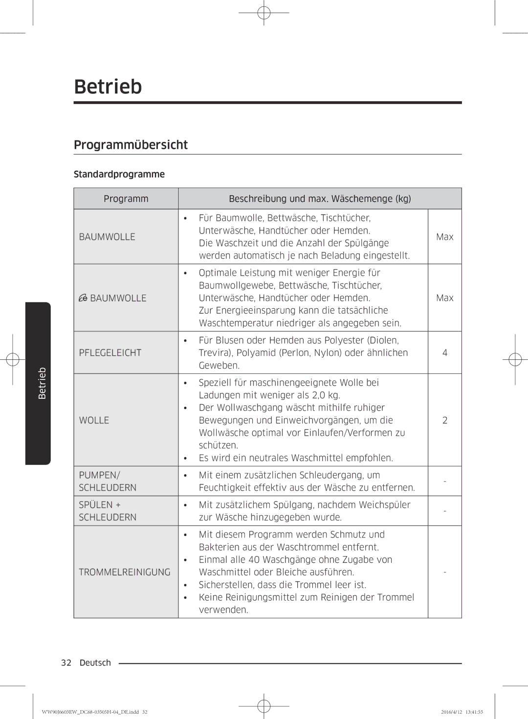 Samsung WW80J6603AW/WS manual Programmübersicht, Baumwolle 