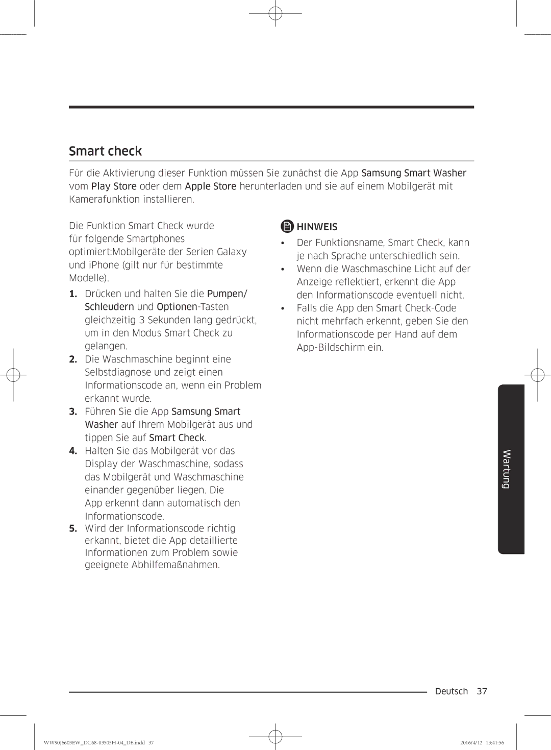 Samsung WW80J6603AW/WS manual Smart check 