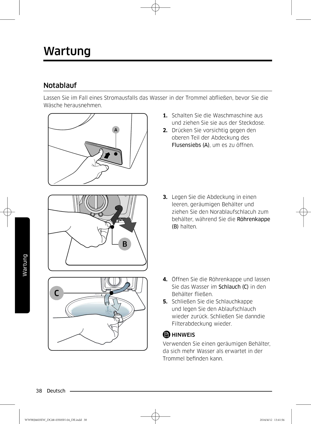 Samsung WW80J6603AW/WS manual Notablauf 