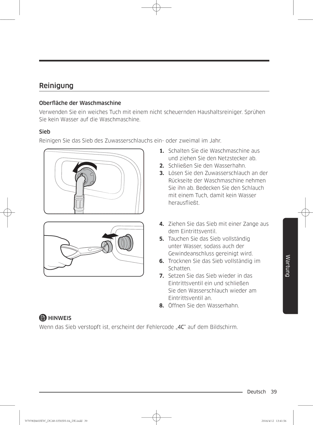 Samsung WW80J6603AW/WS manual Reinigung 