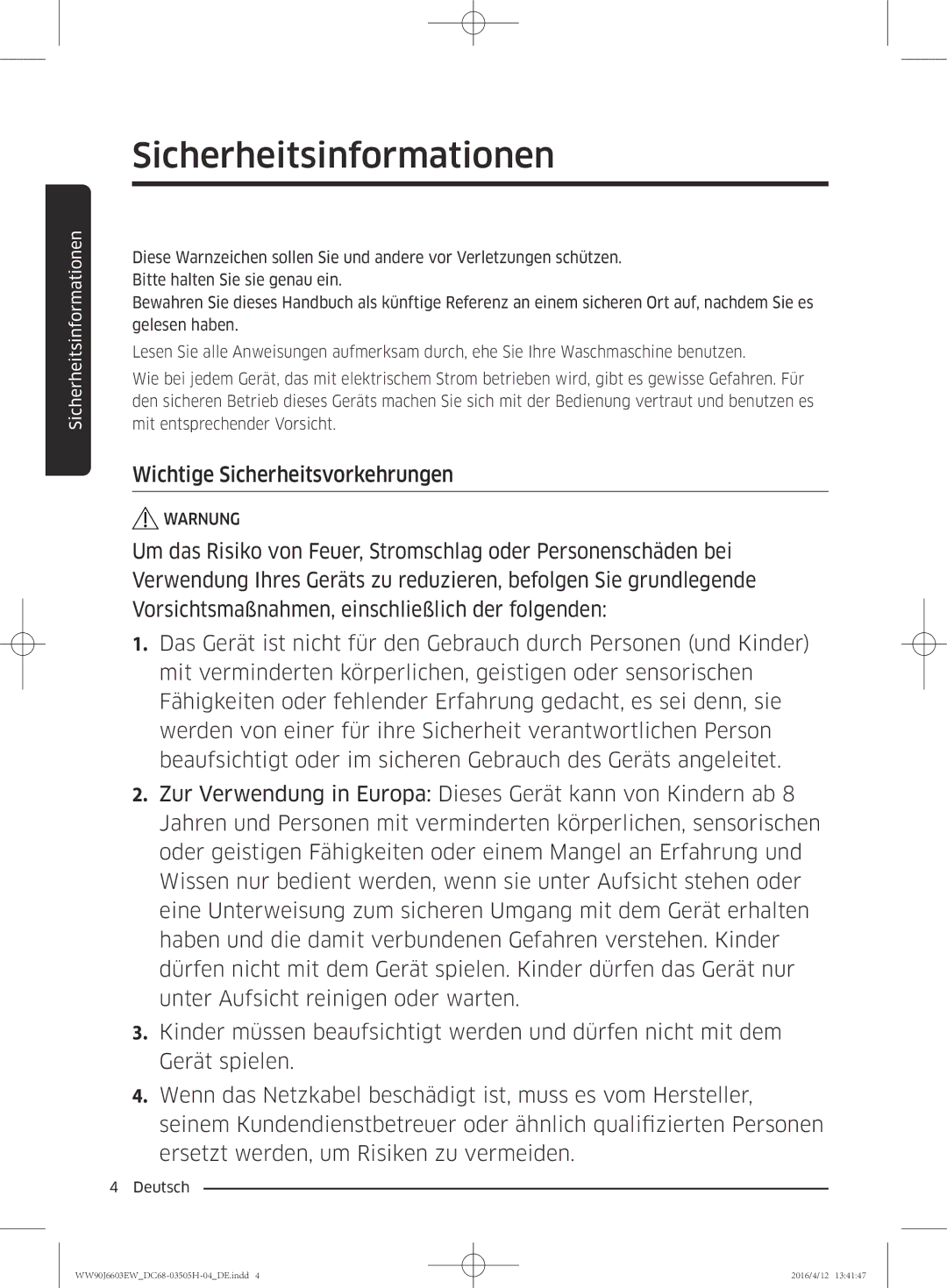 Samsung WW80J6603AW/WS manual Wichtige Sicherheitsvorkehrungen 