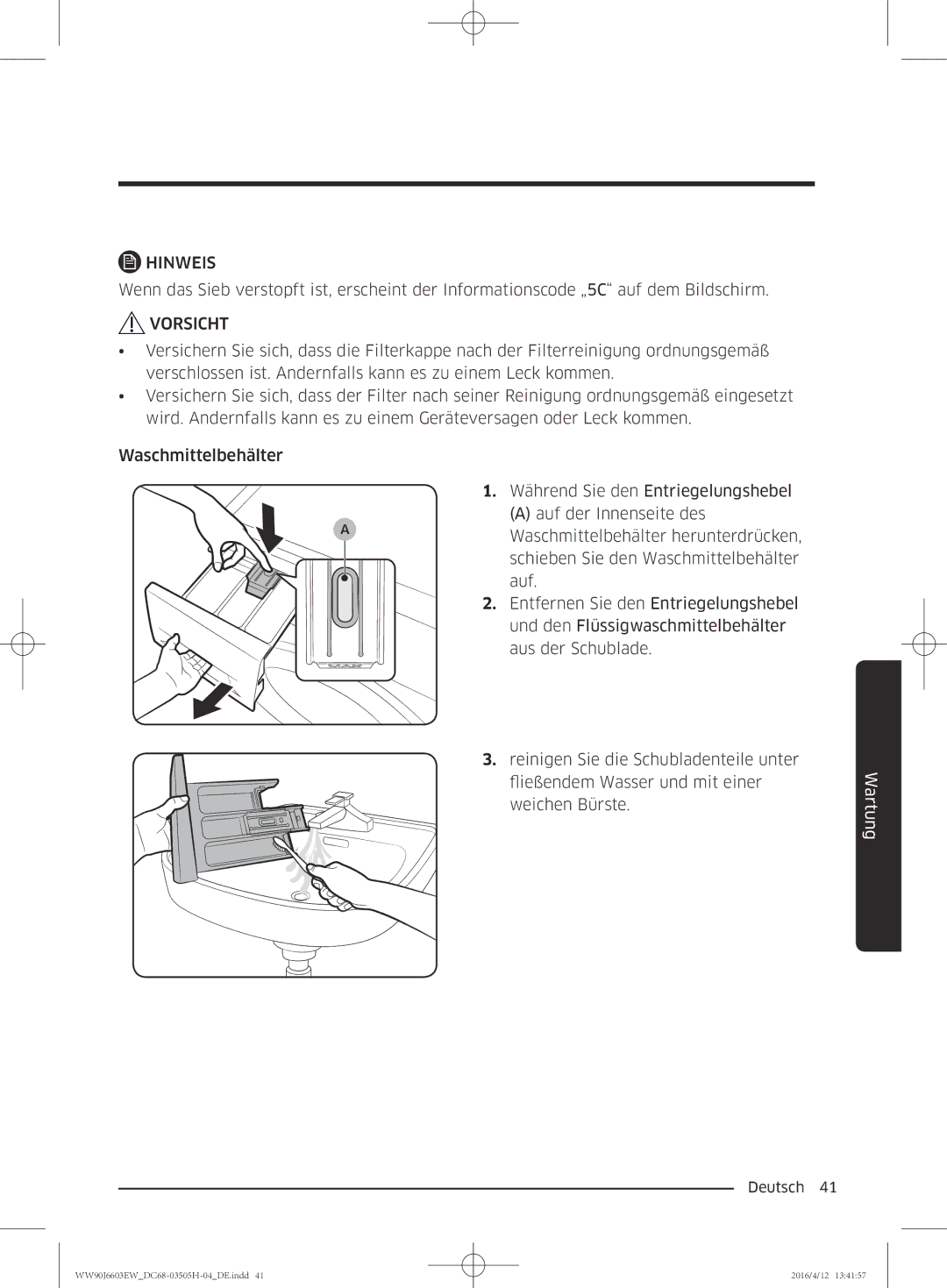 Samsung WW80J6603AW/WS manual Vorsicht 