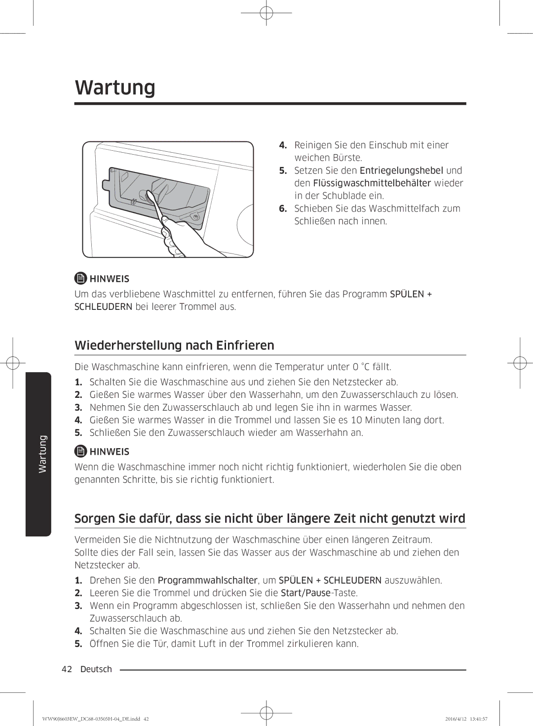 Samsung WW80J6603AW/WS manual Wiederherstellung nach Einfrieren 