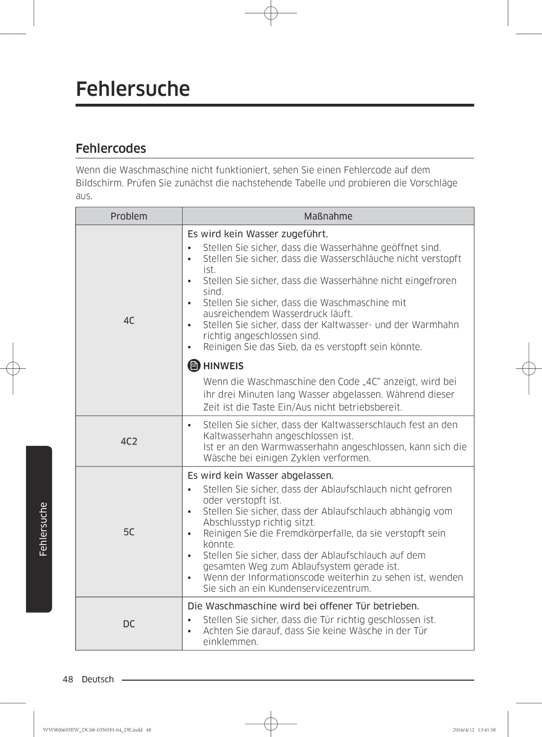 Samsung WW80J6603AW/WS manual Fehlercodes 