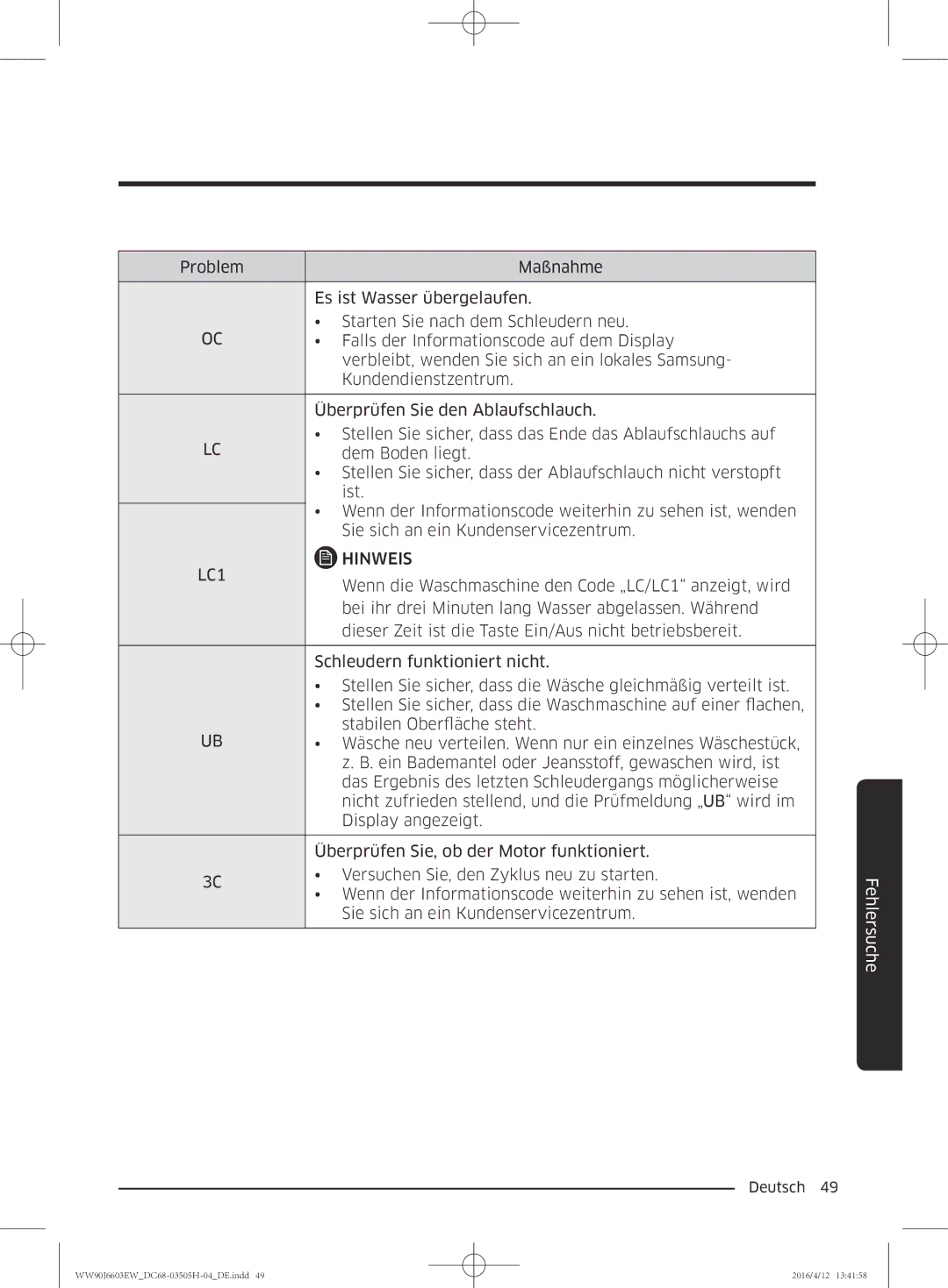 Samsung WW80J6603AW/WS manual LC1 Hinweis 