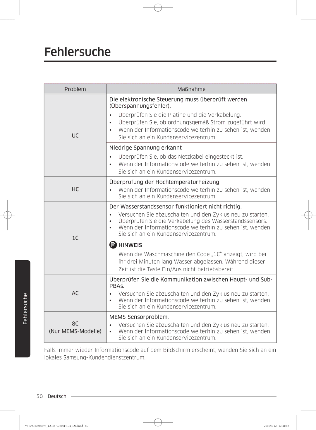 Samsung WW80J6603AW/WS manual Wenn die Waschmaschine den Code „1C anzeigt, wird bei 