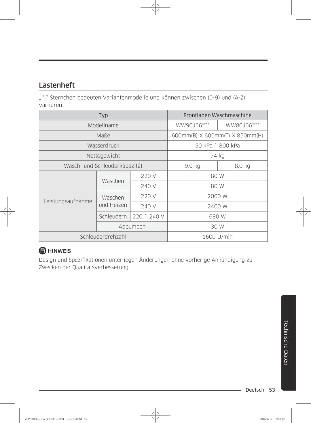 Samsung WW80J6603AW/WS manual Lastenheft 