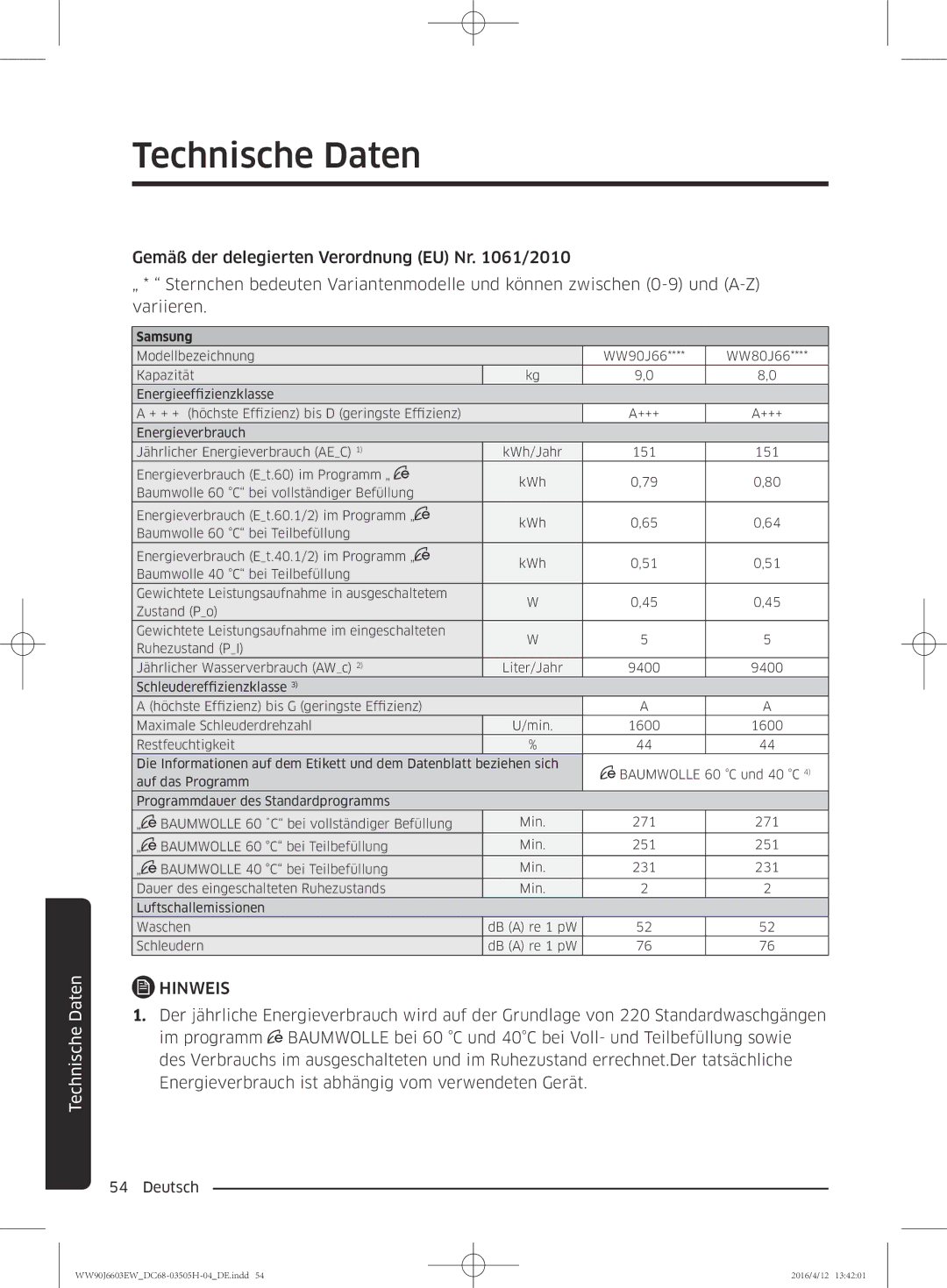 Samsung WW80J6603AW/WS manual Samsung 