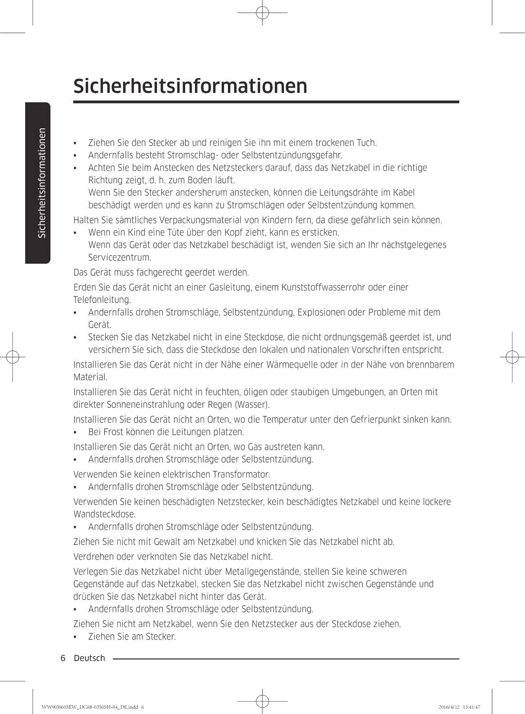 Samsung WW80J6603AW/WS manual Sicherheitsinformationen 