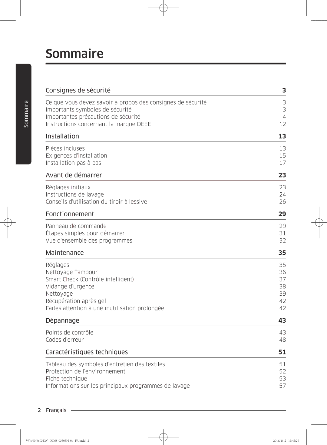 Samsung WW80J6603AW/WS manual Sommaire, Consignes de sécurité 