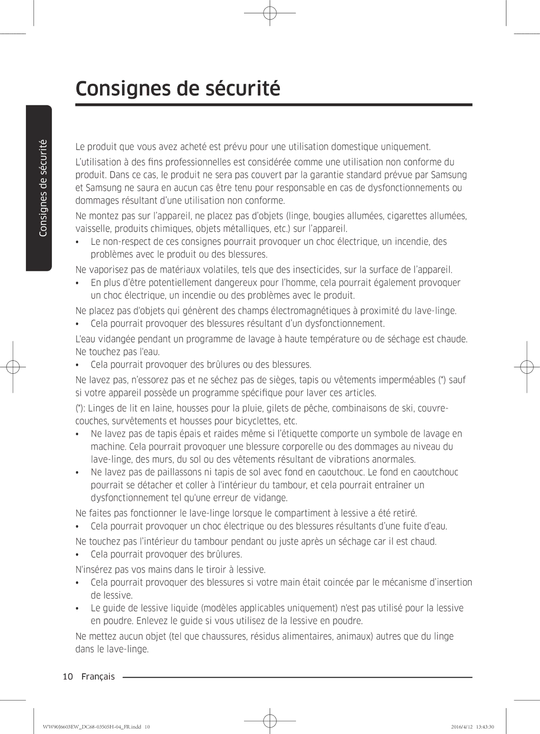 Samsung WW80J6603AW/WS manual Consignes de sécurité 