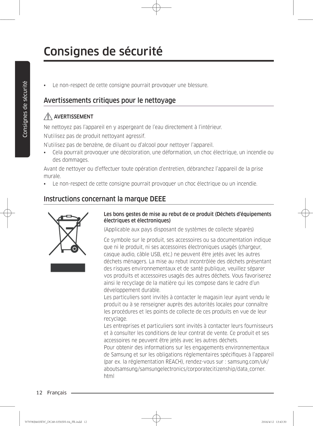 Samsung WW80J6603AW/WS manual Avertissements critiques pour le nettoyage, Instructions concernant la marque Deee 