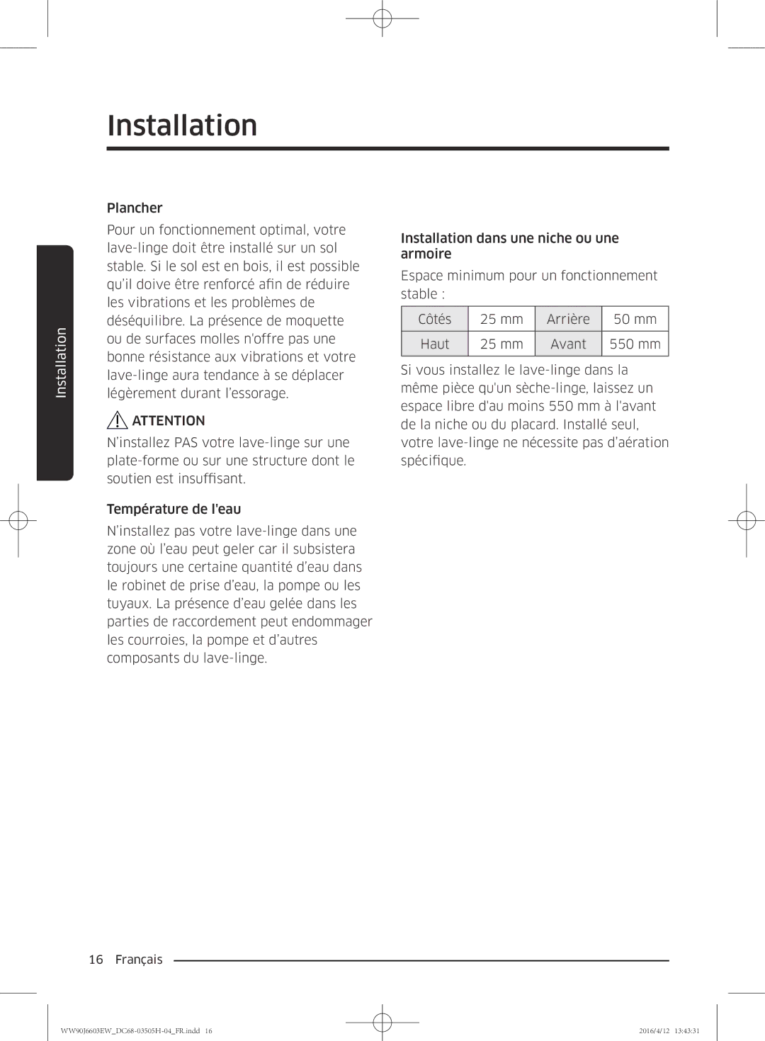 Samsung WW80J6603AW/WS manual Installation 