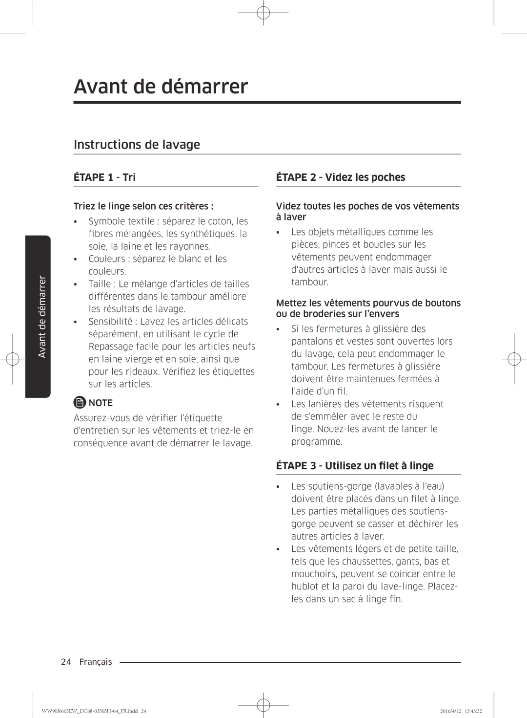 Samsung WW80J6603AW/WS Instructions de lavage, Étape 1 Tri, Étape 2 Videz les poches, Étape 3 Utilisez un filet à linge 