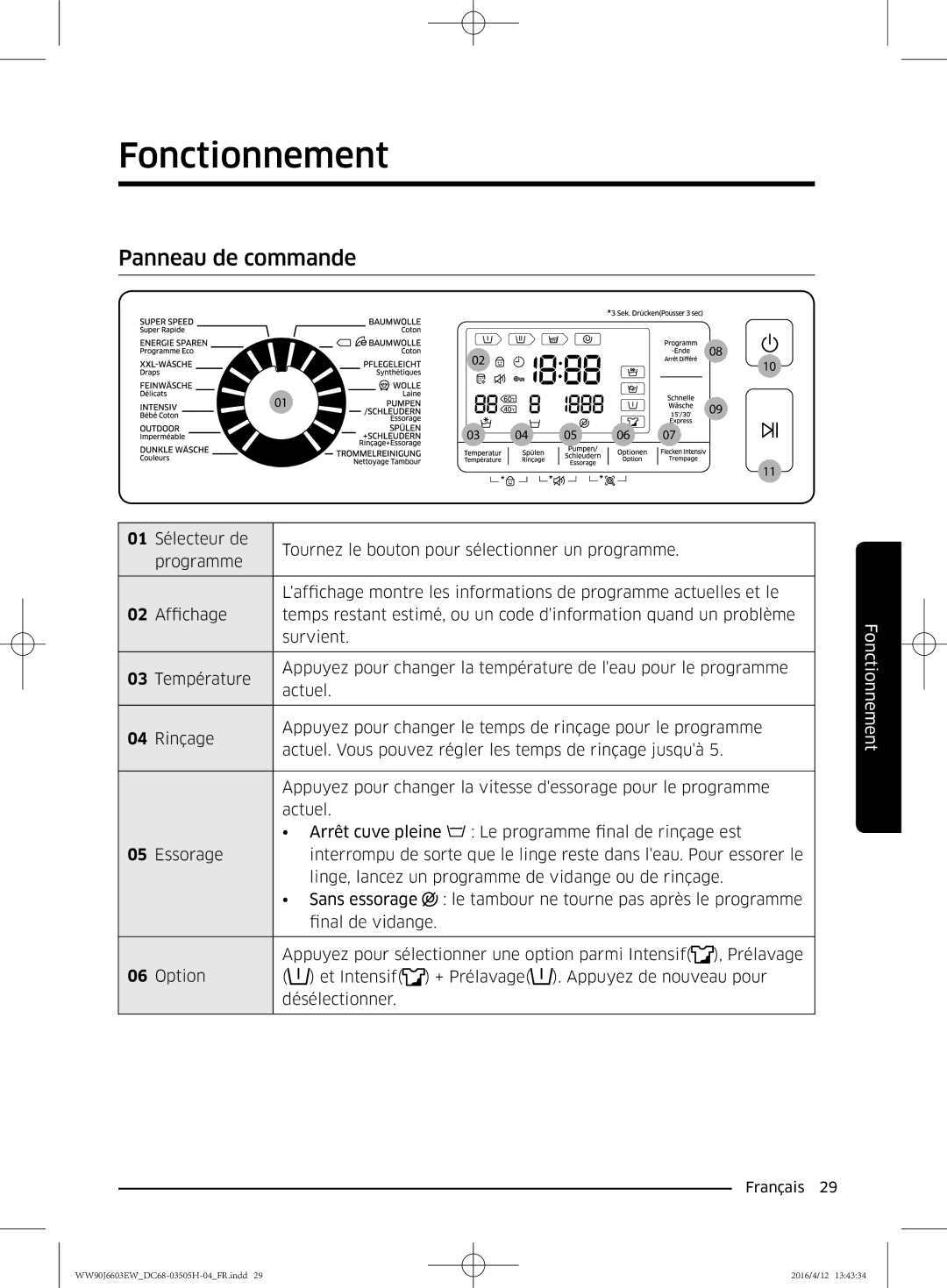 Samsung WW80J6603AW/WS manual Fonctionnement, Panneau de commande 