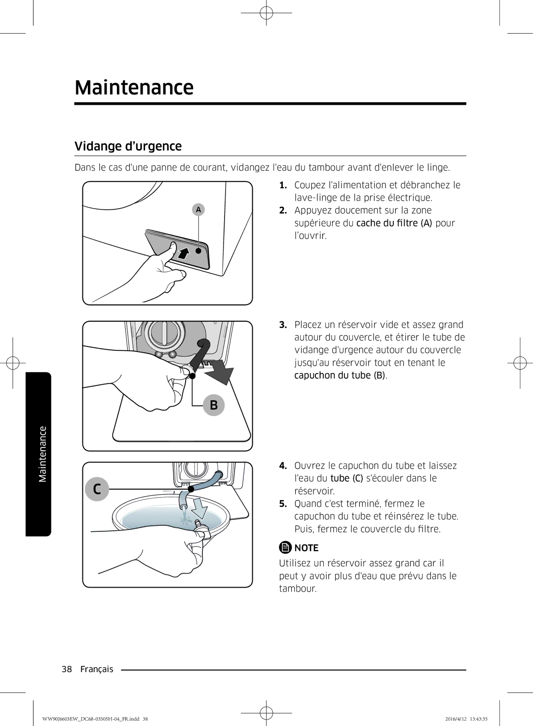 Samsung WW80J6603AW/WS manual Vidange d’urgence 